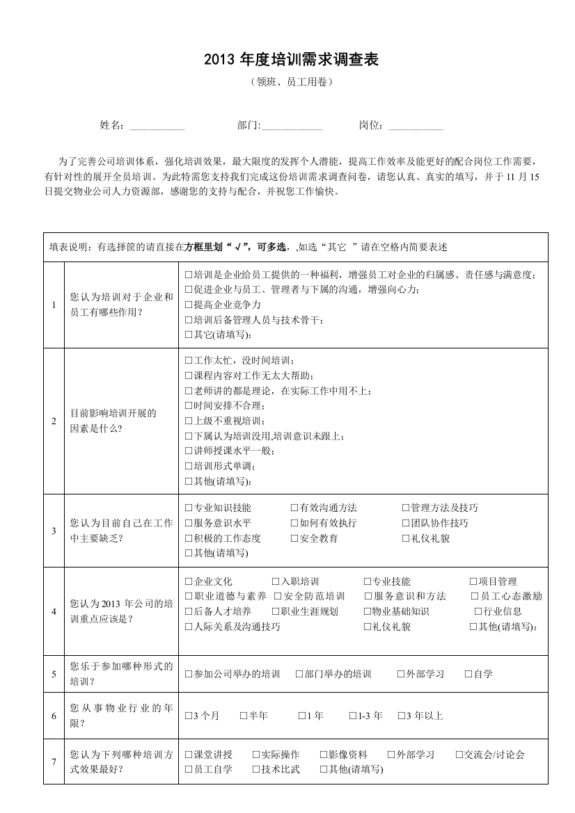 2013年度培训需求调查表