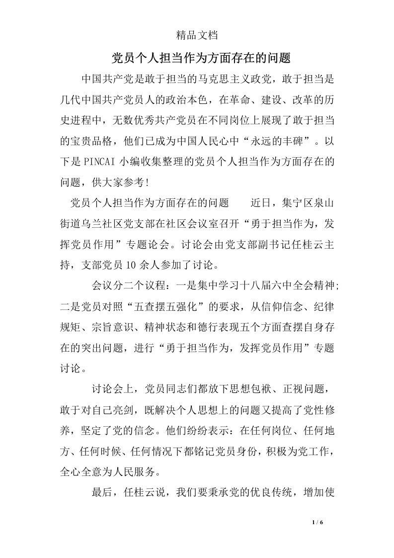 党员个人担当作为方面存在的问题