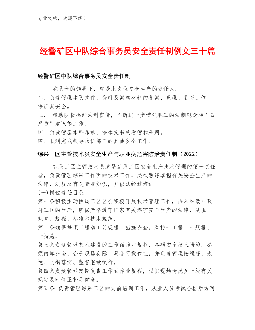 经警矿区中队综合事务员安全责任制例文三十篇