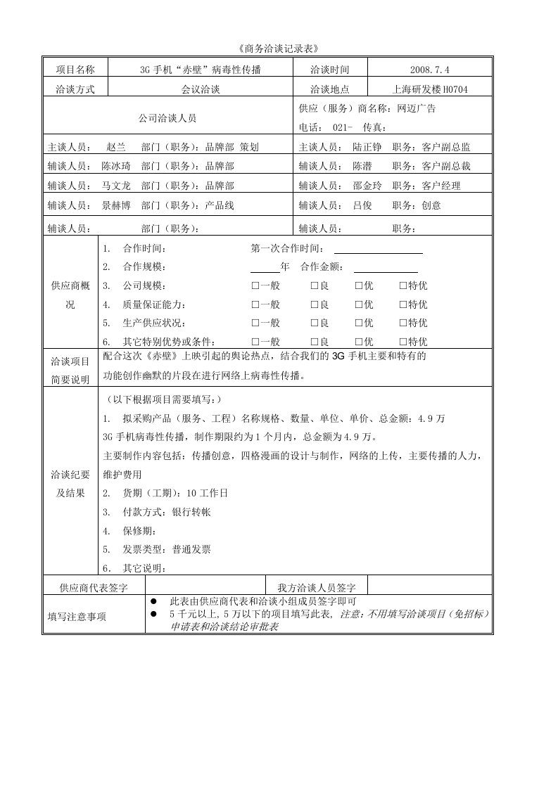 商务洽谈记录表