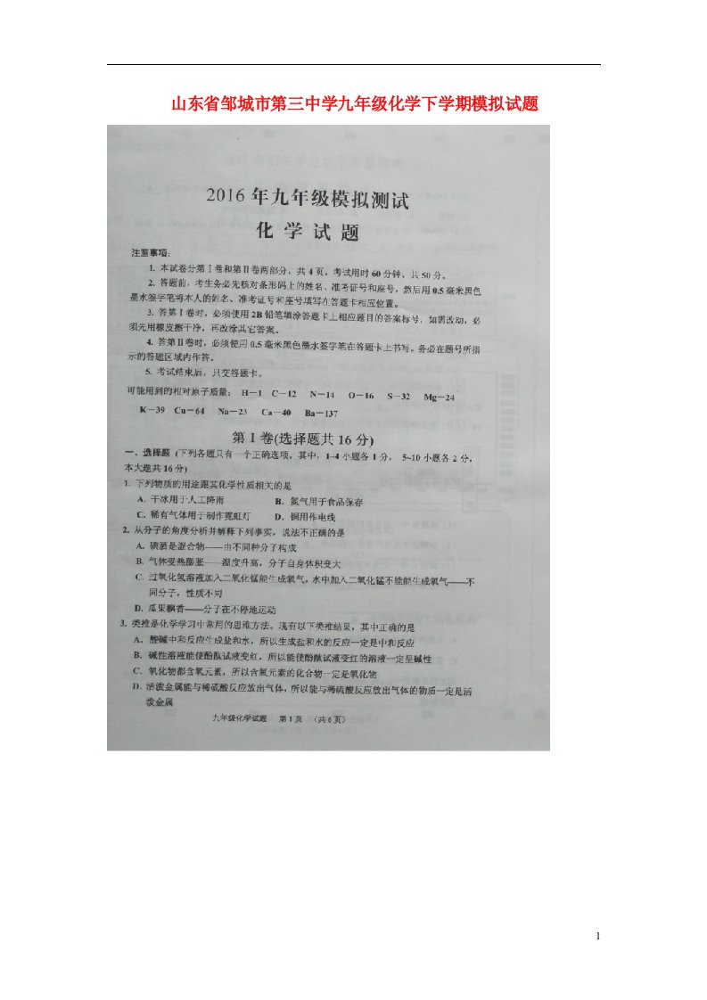 山东省邹城市第三中学九级化学下学期模拟试题（扫描版）