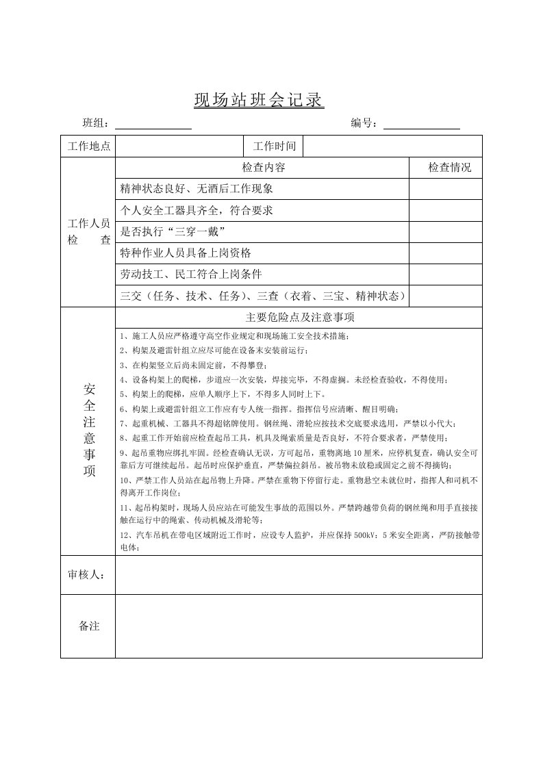 变电站施工站班会记录表