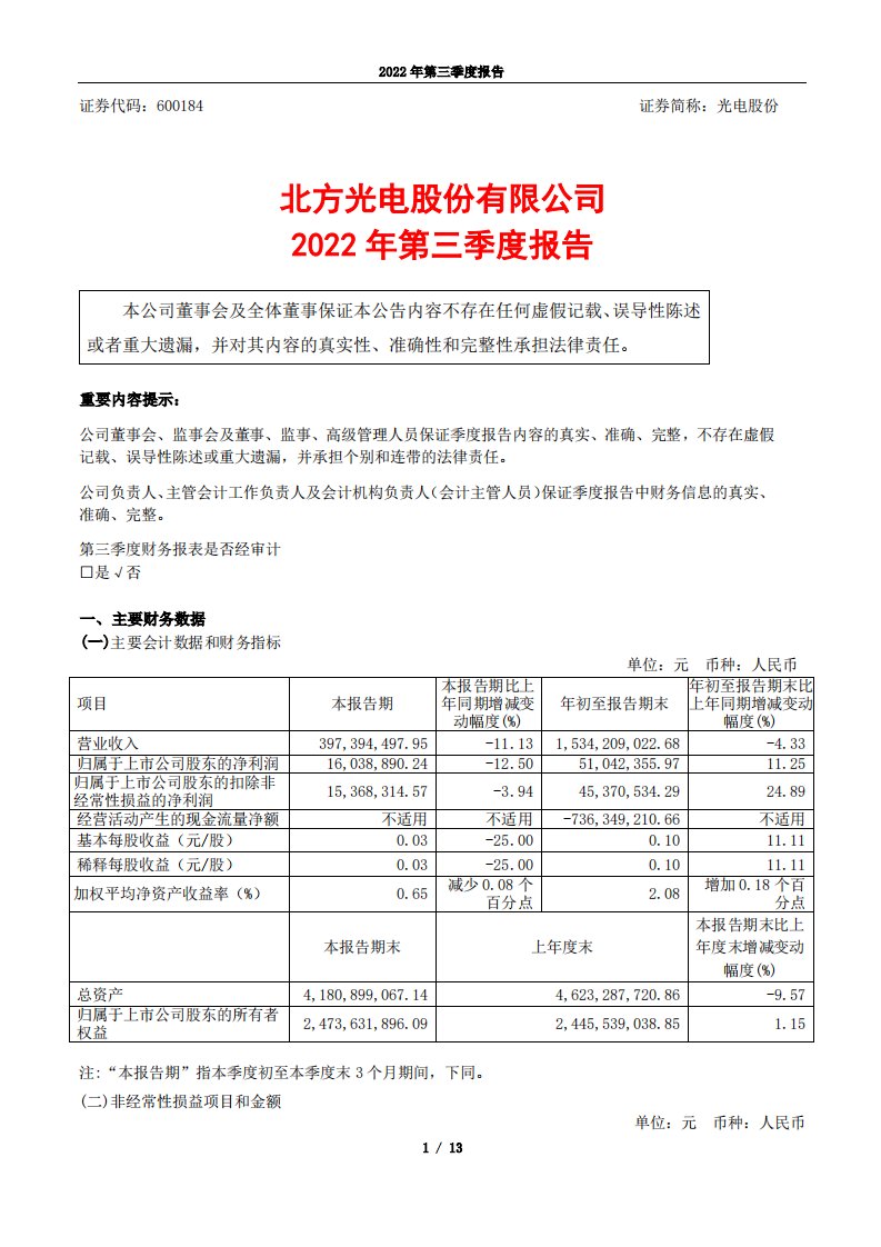 上交所-北方光电股份有限公司2022年第三季度报告-20221027