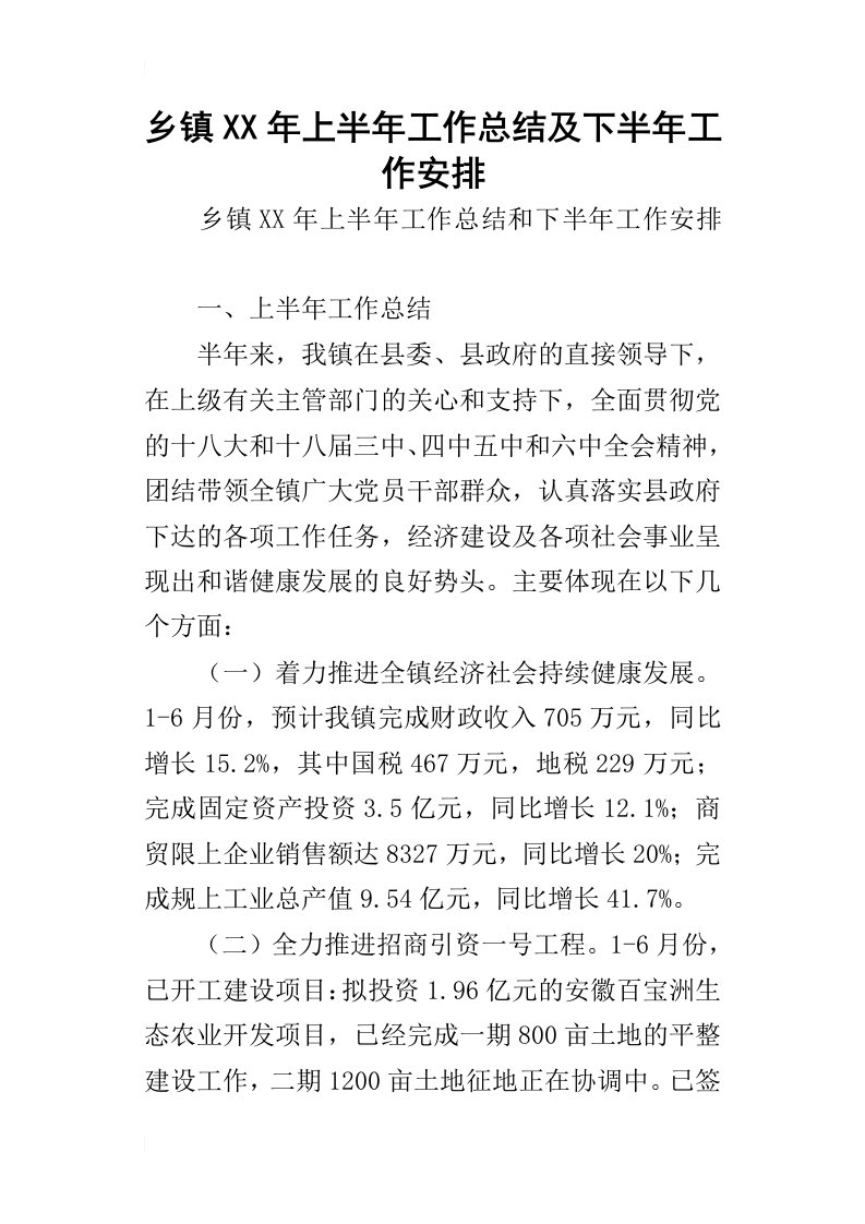 乡镇某年上半年工作总结及下半年工作安排