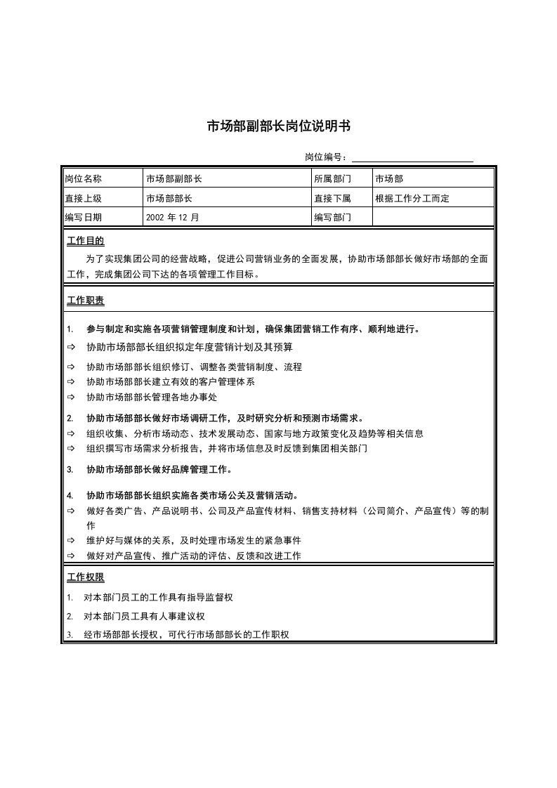 市场部副部长岗位职责