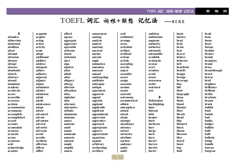 toefl托福词汇-词根+联想-记忆法-俞敏洪-词汇简表