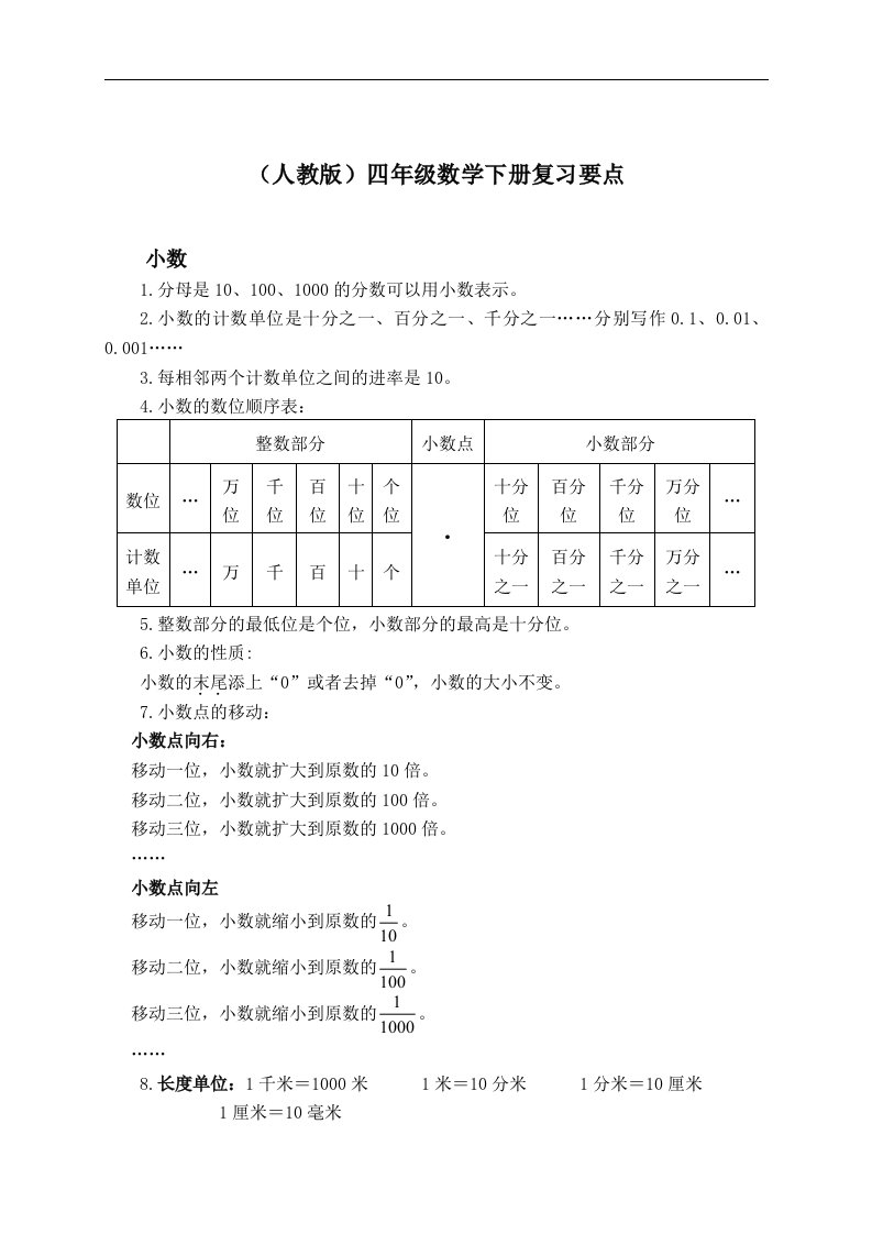 （人教版）四年级数学下册复习要点