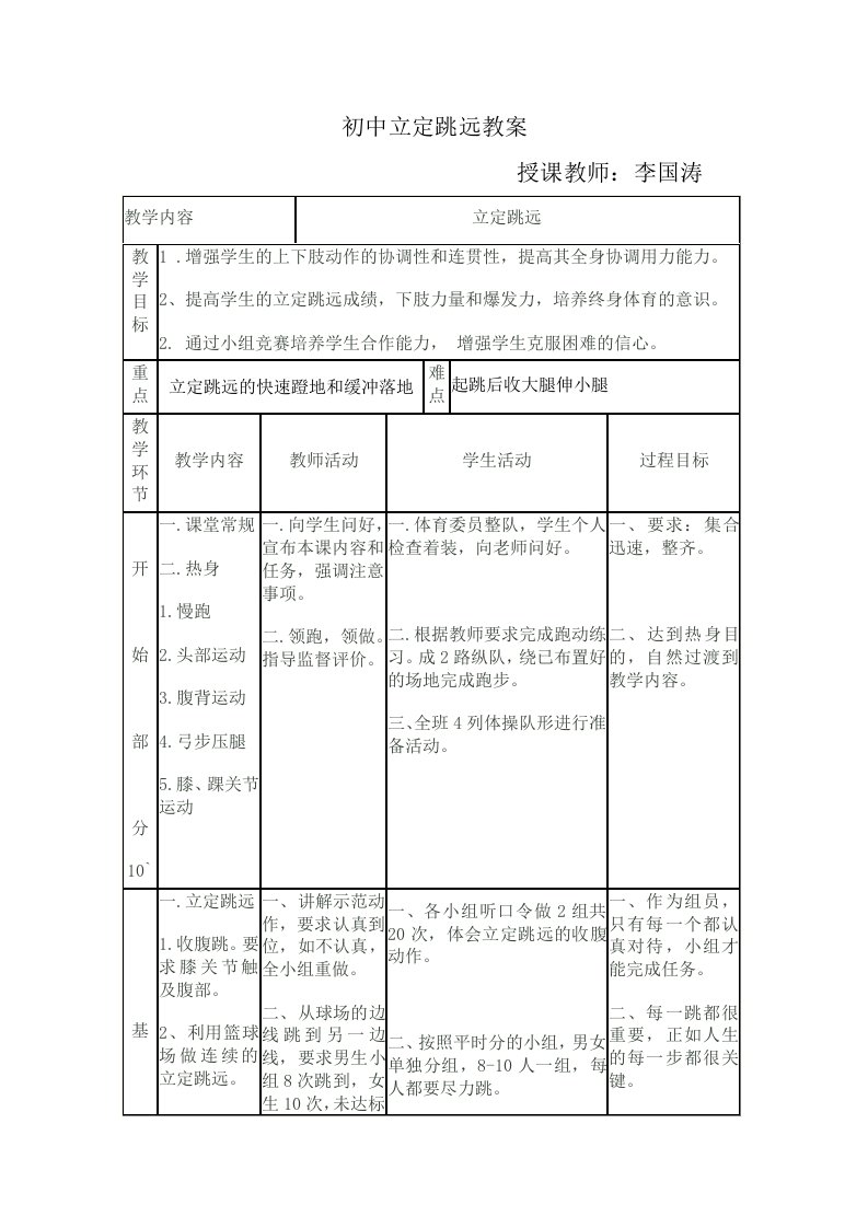 初中七年级立定跳远教案