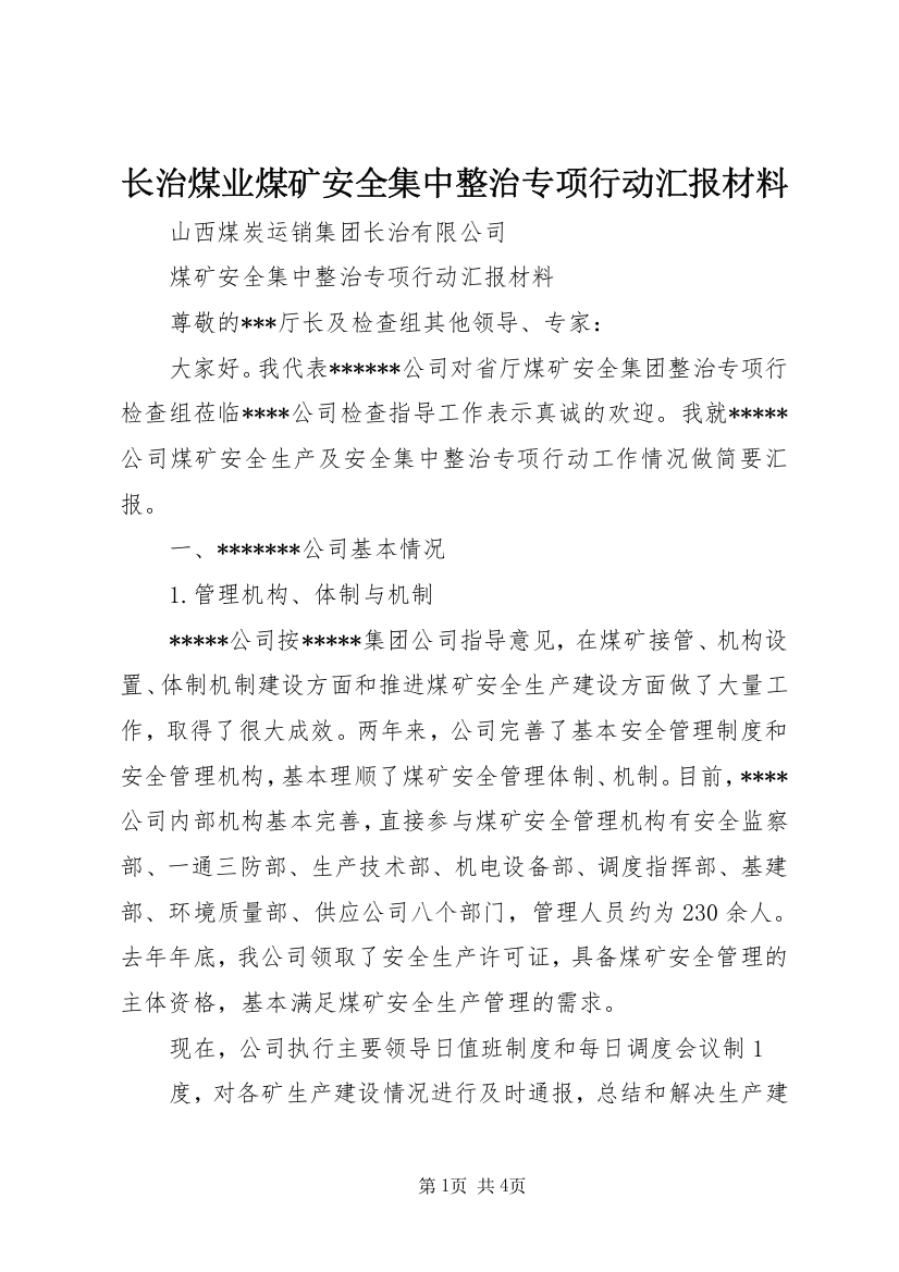 长治煤业煤矿安全集中整治专项行动汇报材料