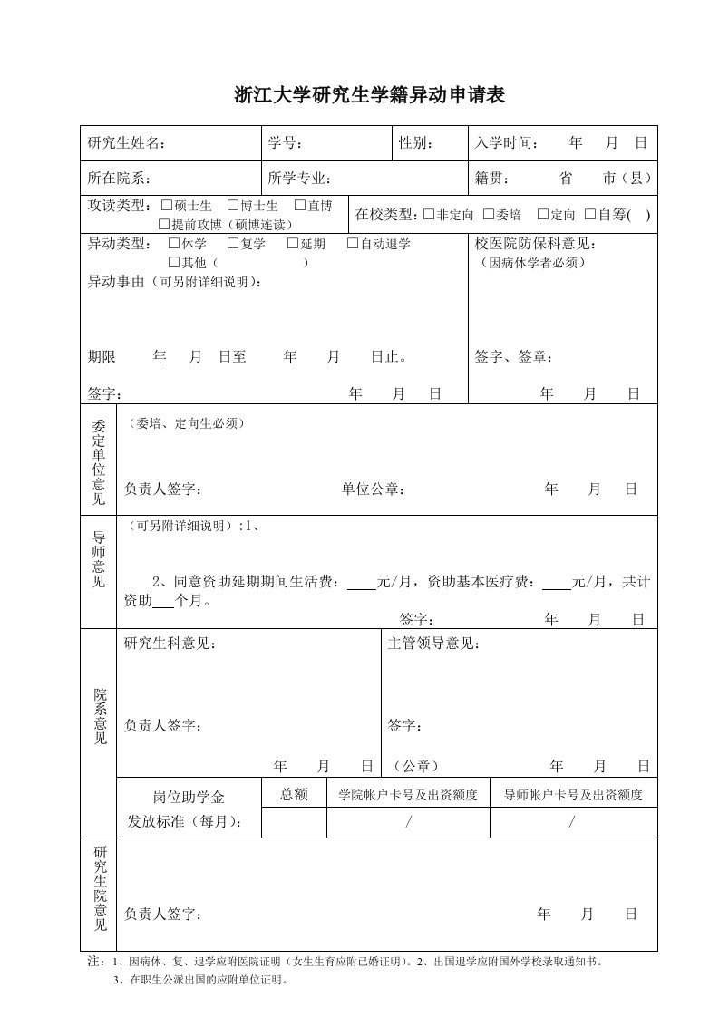 浙江大学研究生学籍异动申请表