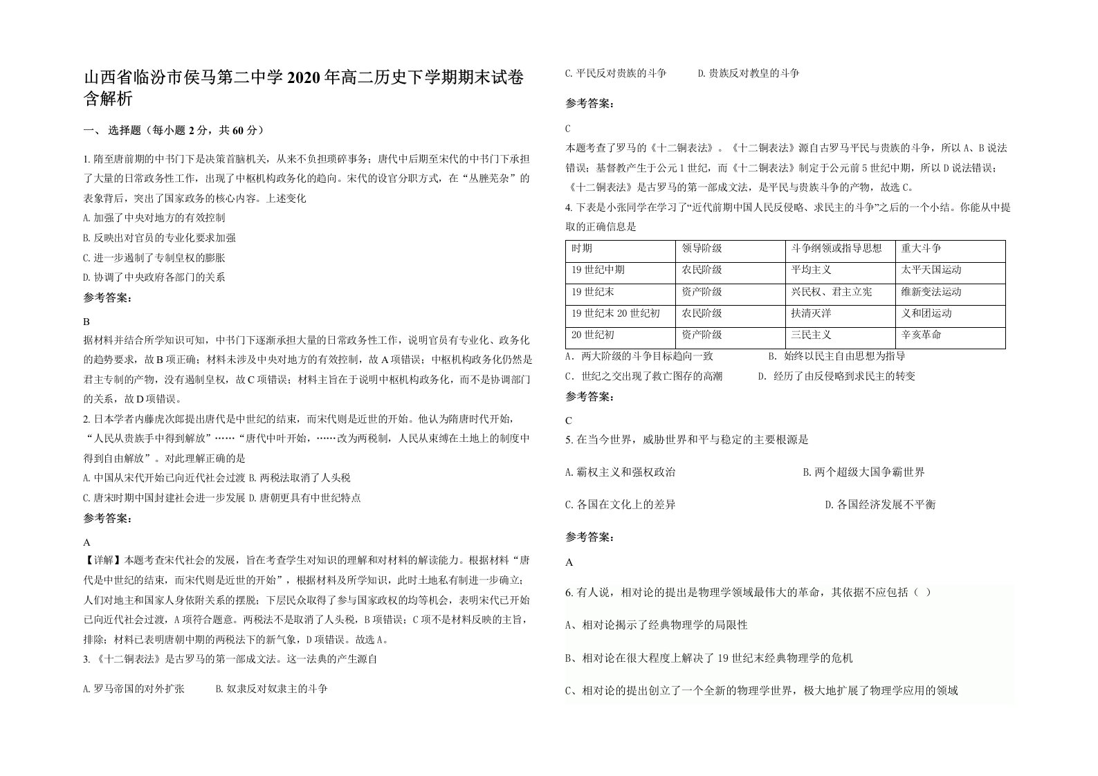 山西省临汾市侯马第二中学2020年高二历史下学期期末试卷含解析