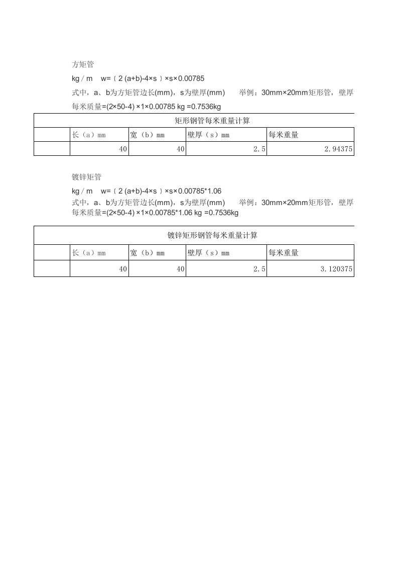 矩形管重量计算表