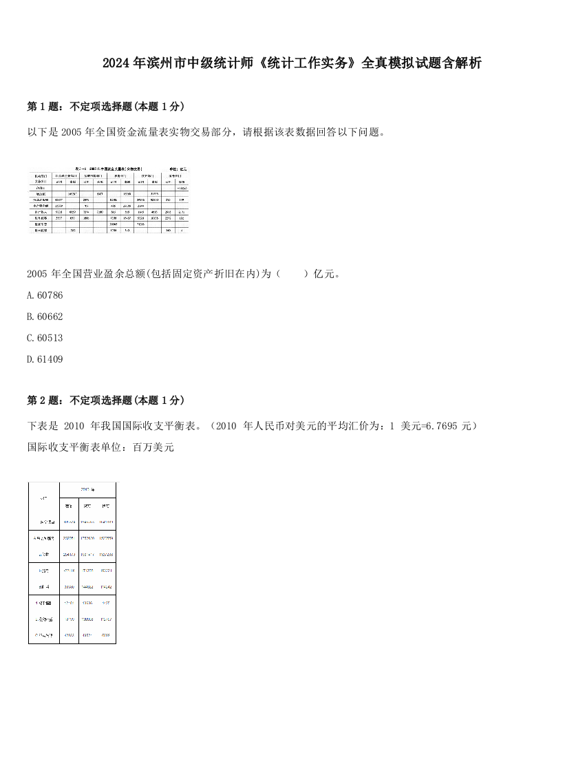 2024年滨州市中级统计师《统计工作实务》全真模拟试题含解析