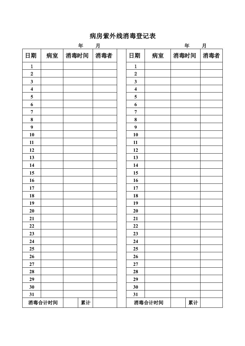 病房紫外线消毒登记表