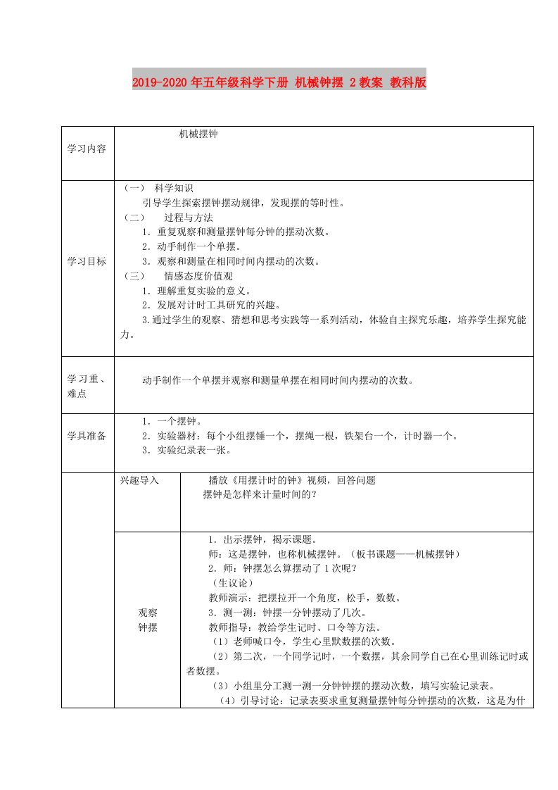 2019-2020年五年级科学下册