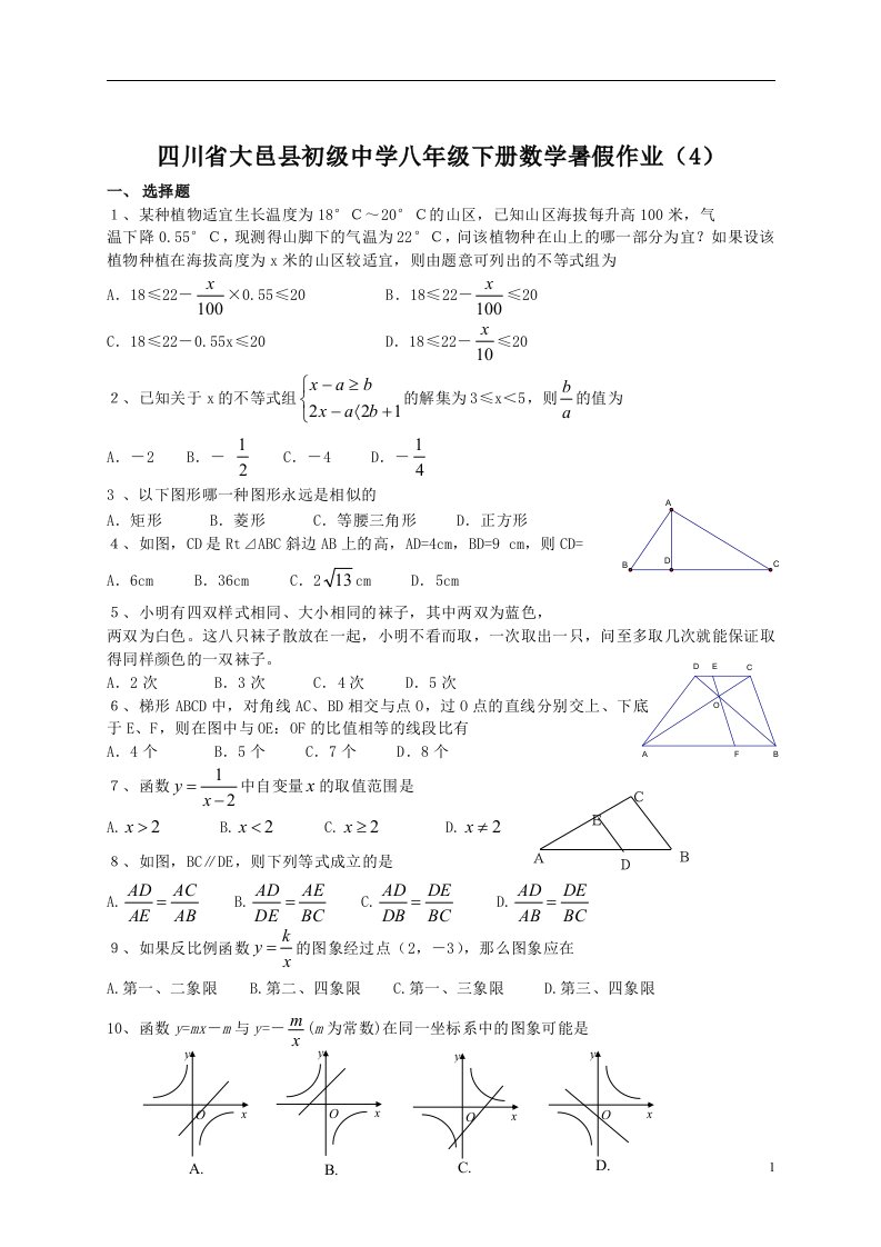 中学八年级下册数学暑假作业4