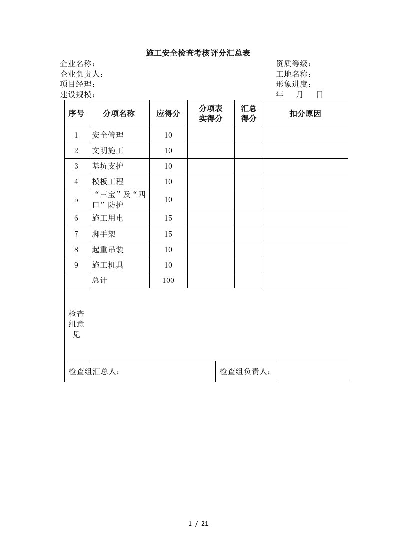 施工安全检查考核评分汇总表