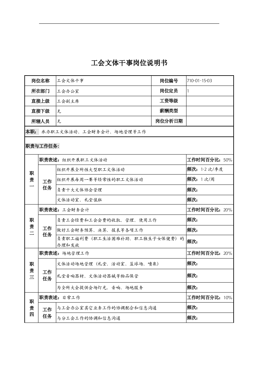 中船重工研究所工会文体干事岗位说明书