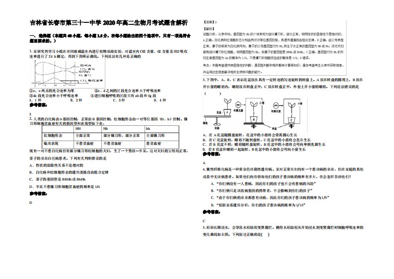 吉林省长春市第三十一中学2020年高二生物月考试题含解析