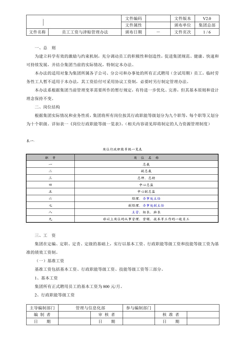 员工工资与津贴管理办法