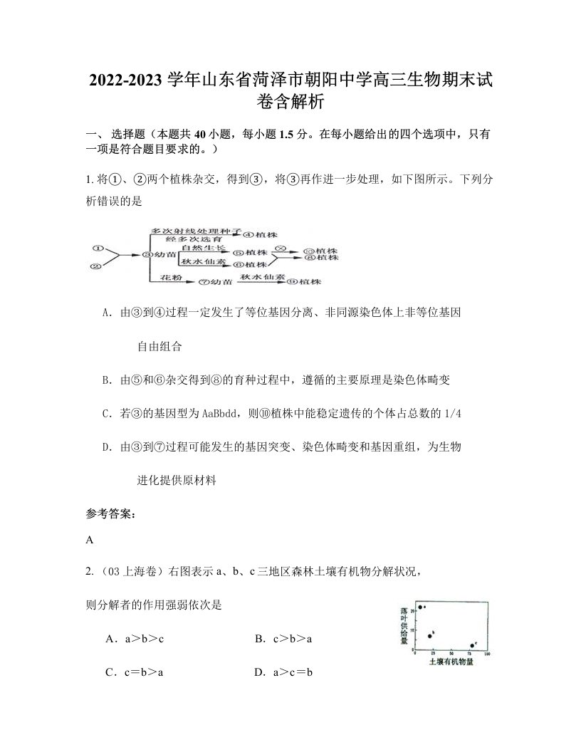 2022-2023学年山东省菏泽市朝阳中学高三生物期末试卷含解析