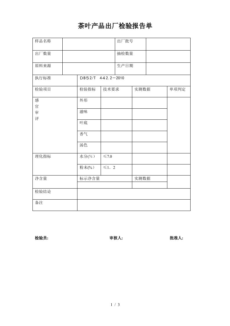 茶叶产品出厂检验报告单