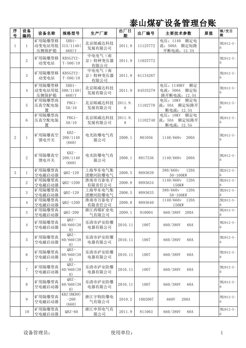 煤矿设备管理台账