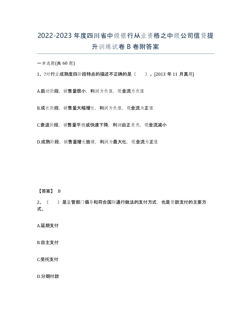 2022-2023年度四川省中级银行从业资格之中级公司信贷提升训练试卷B卷附答案