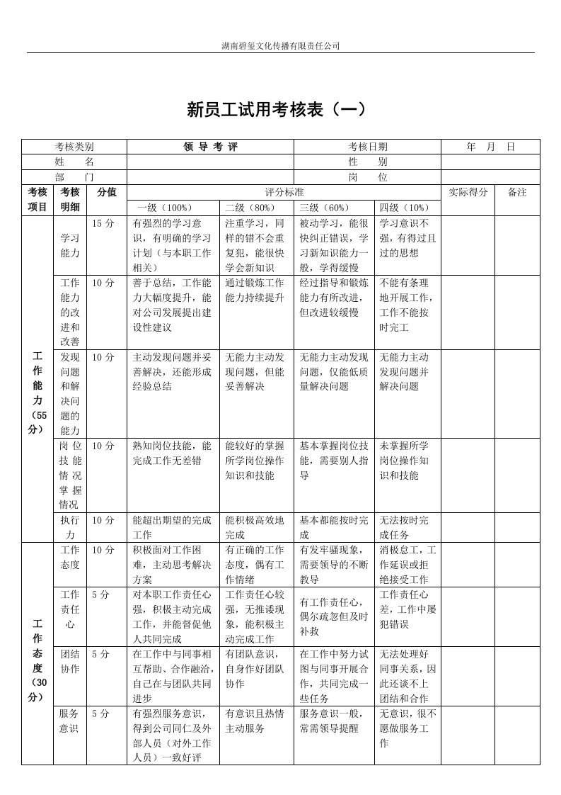 新员工试用期考核表