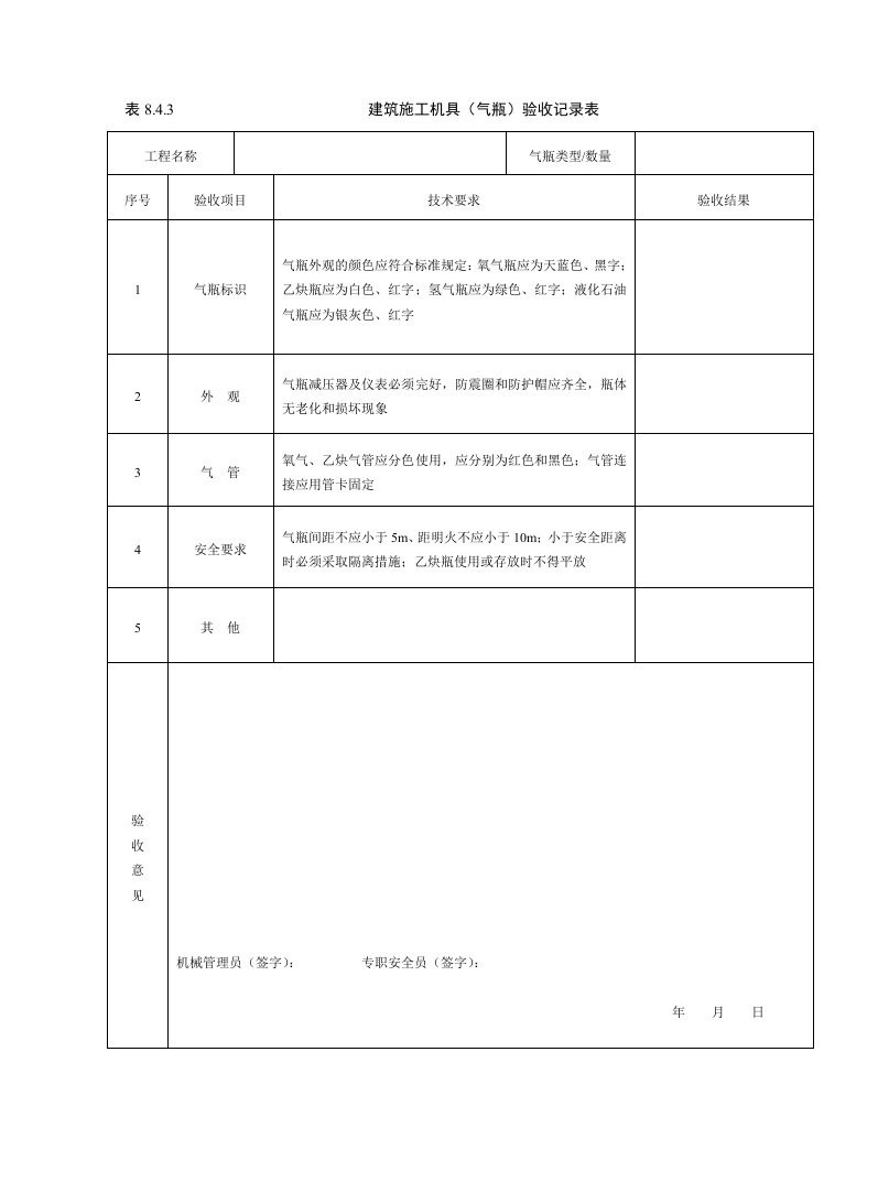 建筑施工机具（气瓶）验收记录表