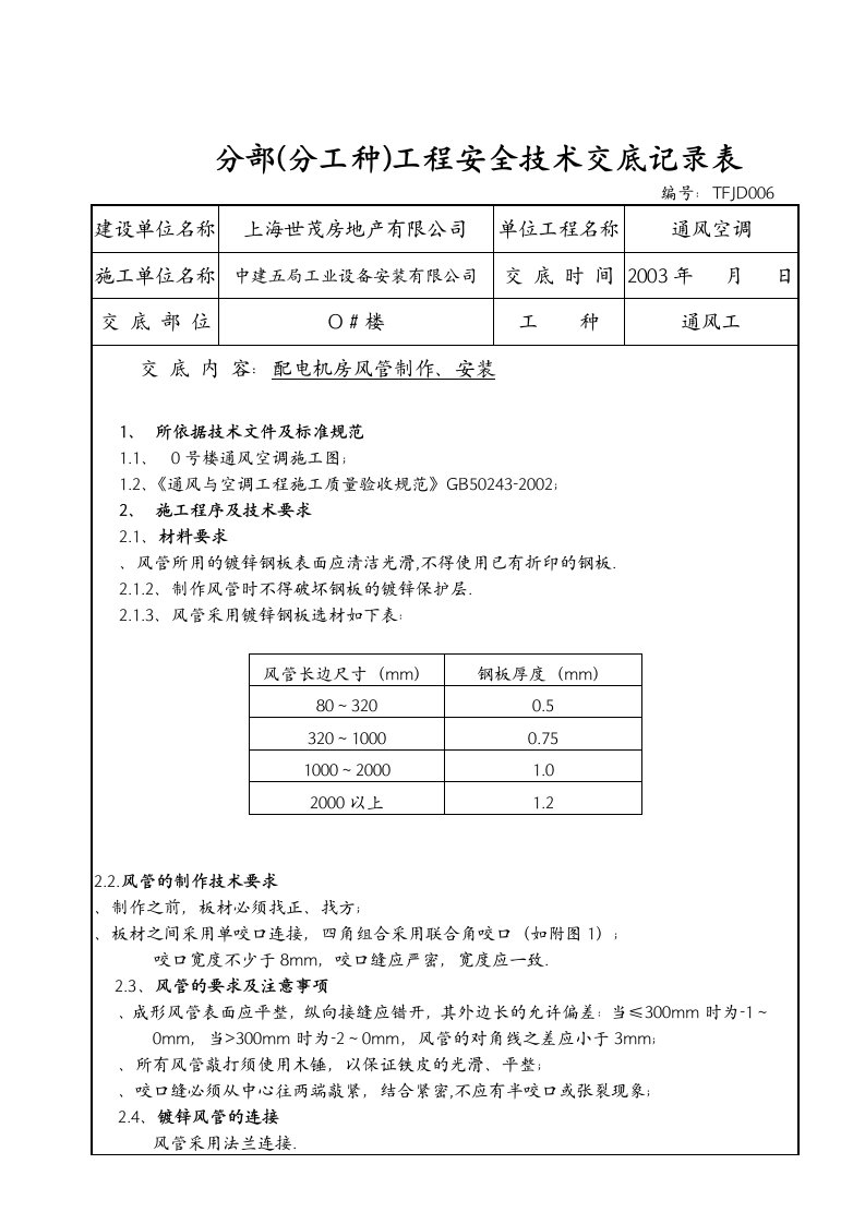 配电机房风管技术交底TFJ