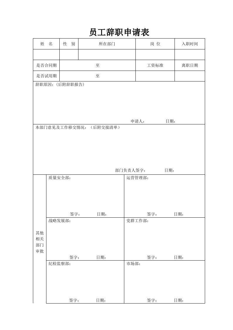 员工辞职申请表