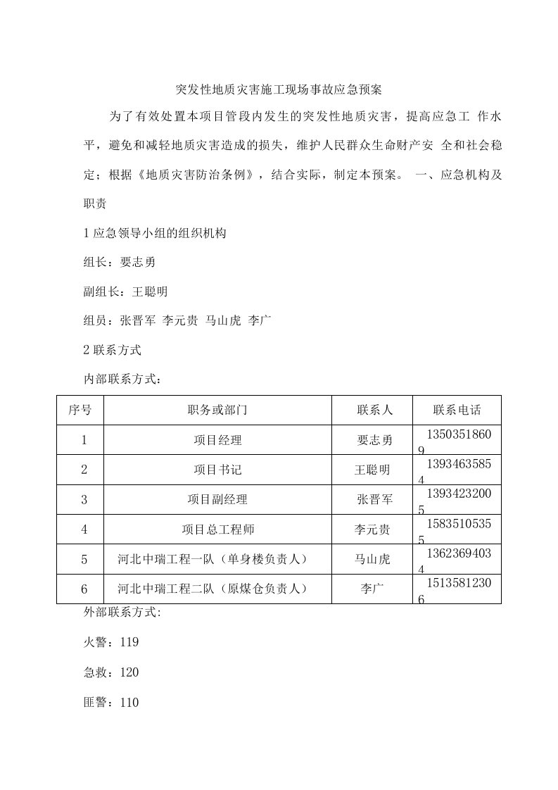 【精品】突发性地质灾害施工现场事故应急预案