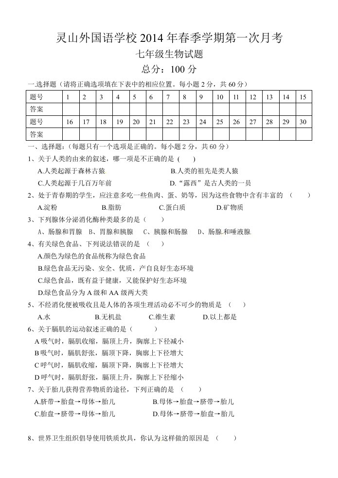 2014年春季外校七年级生物第一次月考