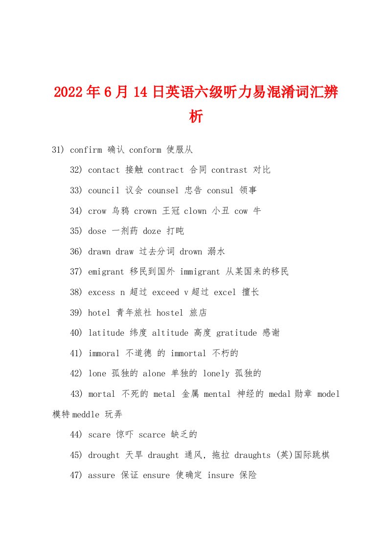 2022年6月14日英语六级听力易混淆词汇辨析