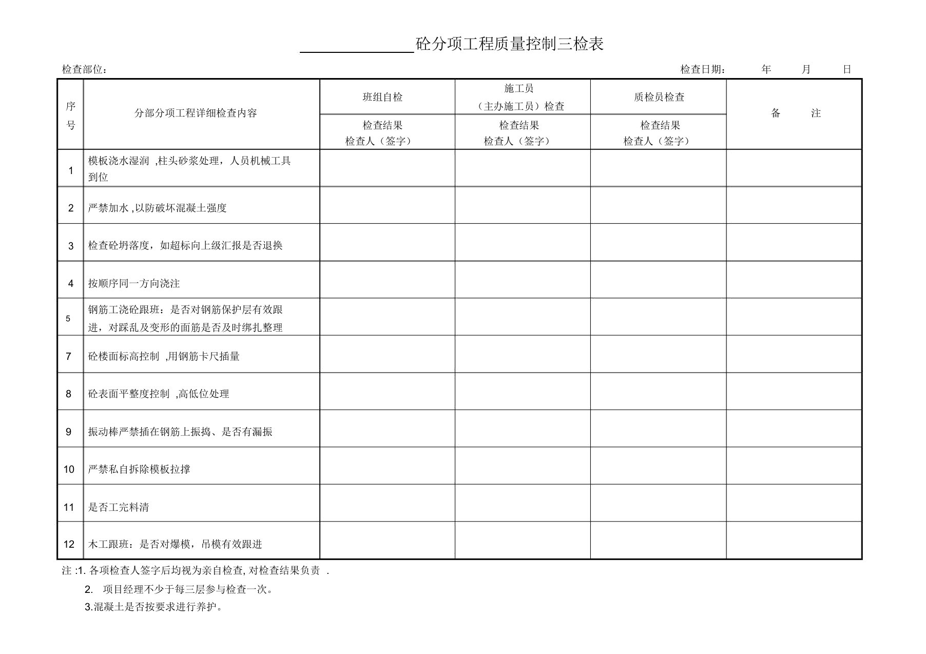 工程质量控制检查表(三检表)