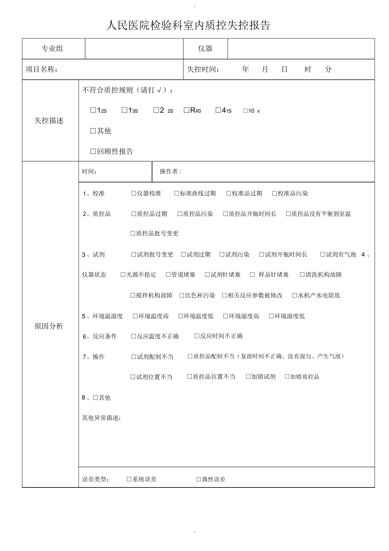 人民医院检验科室内质控失控报告