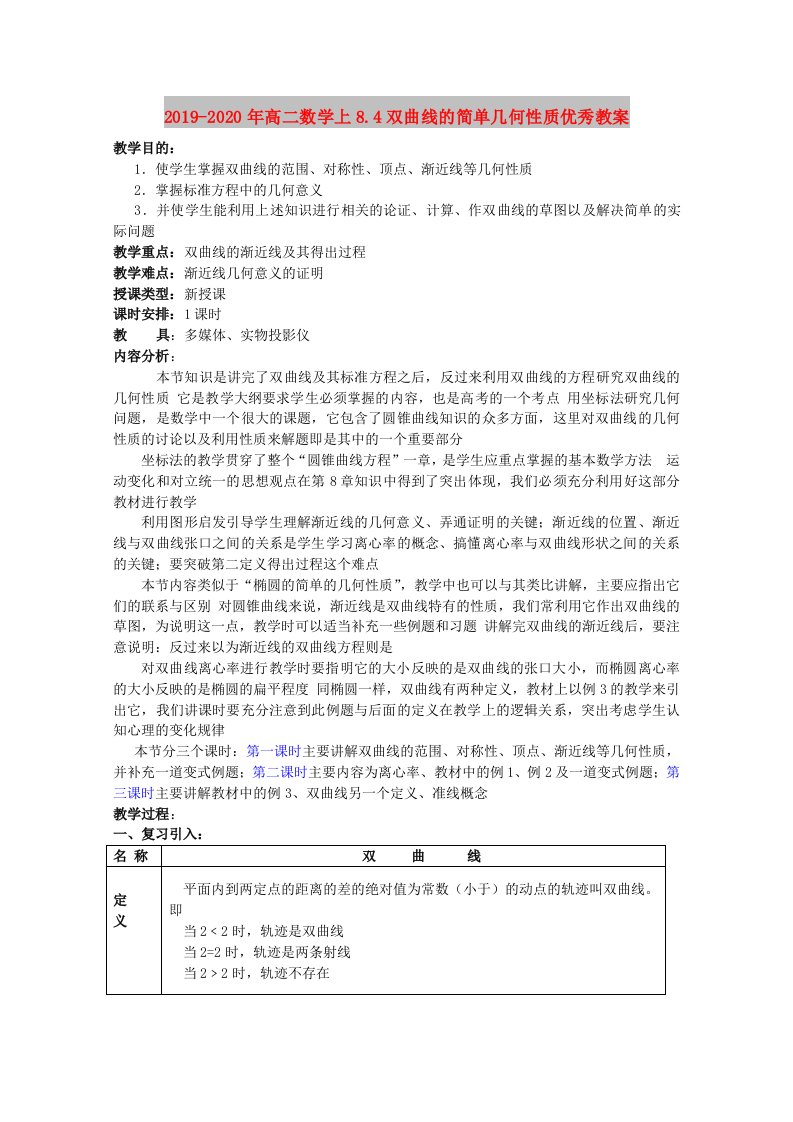 2019-2020年高二数学上8.4双曲线的简单几何性质优秀教案