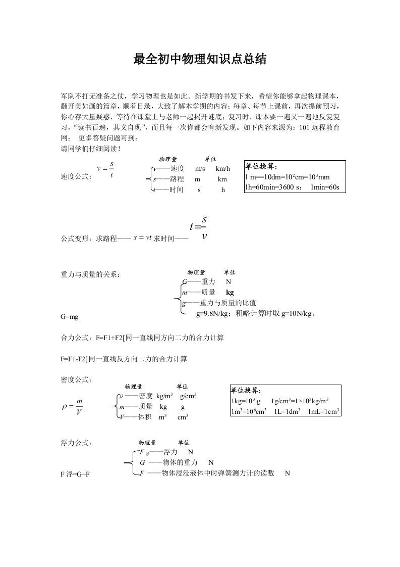 最全初中物理知识点总结