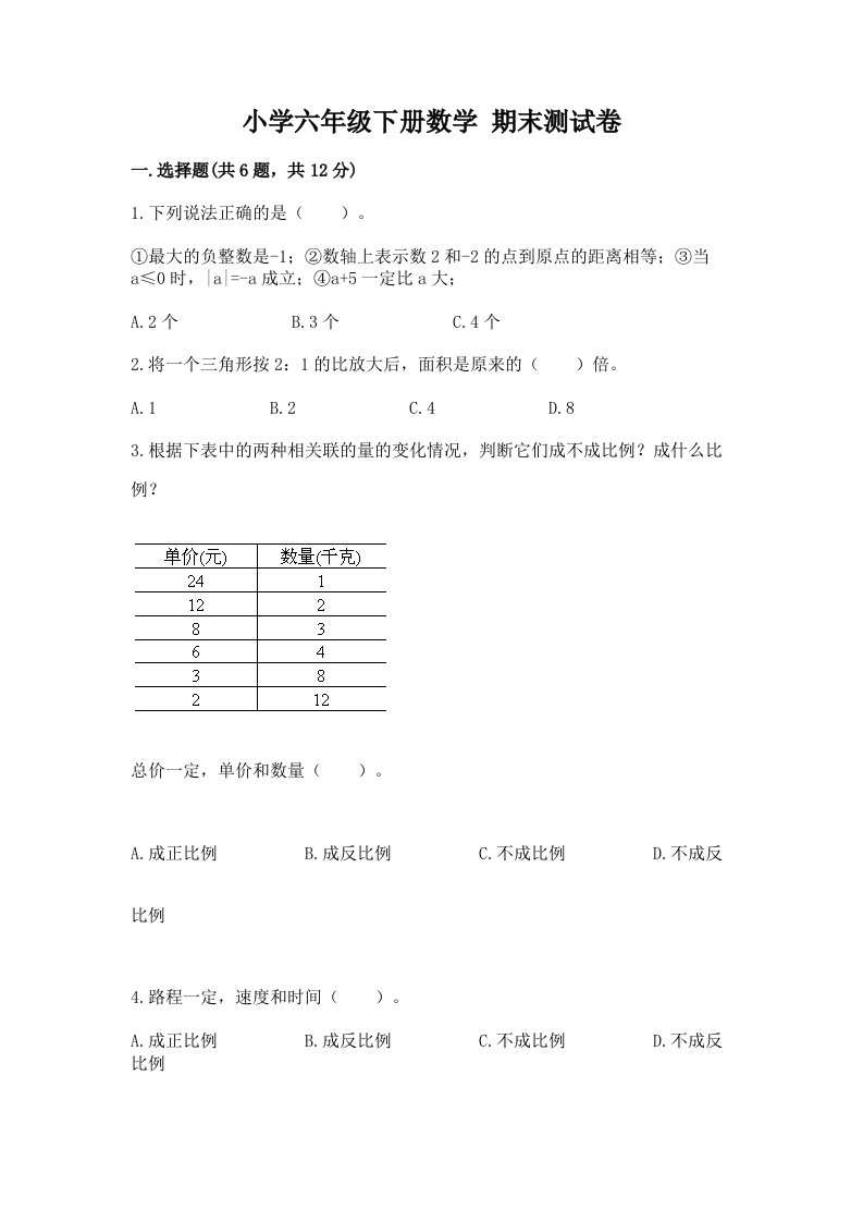 小学六年级下册数学