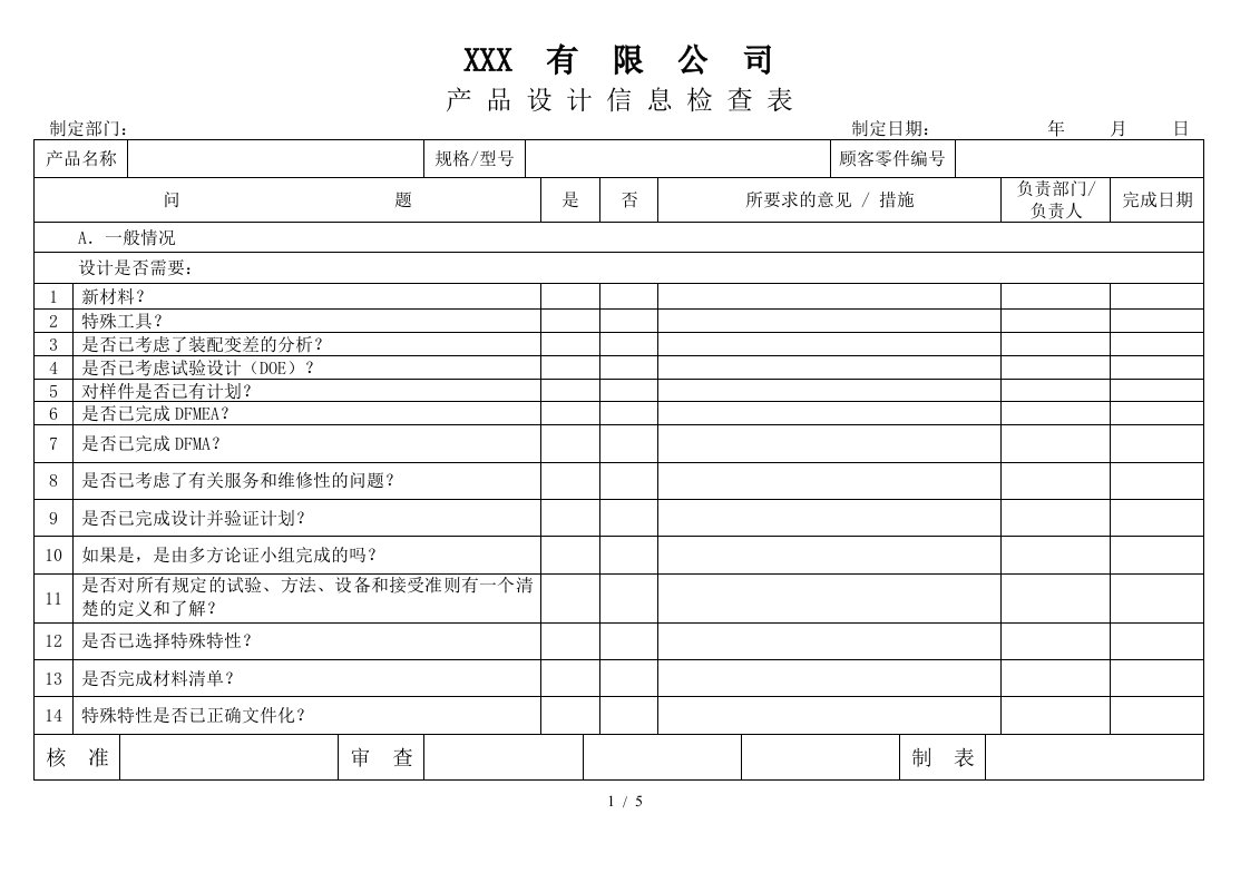 APQP产品设计信息检查表