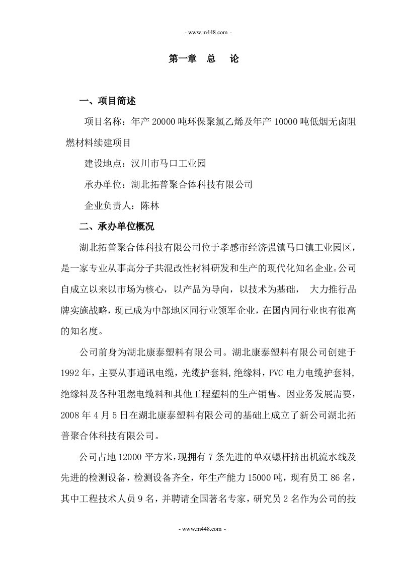 《2008年汉川市年产20000吨环保聚氯乙烯及年产10000吨低烟无卤阻燃材料可研报告》(73页)-石油化工