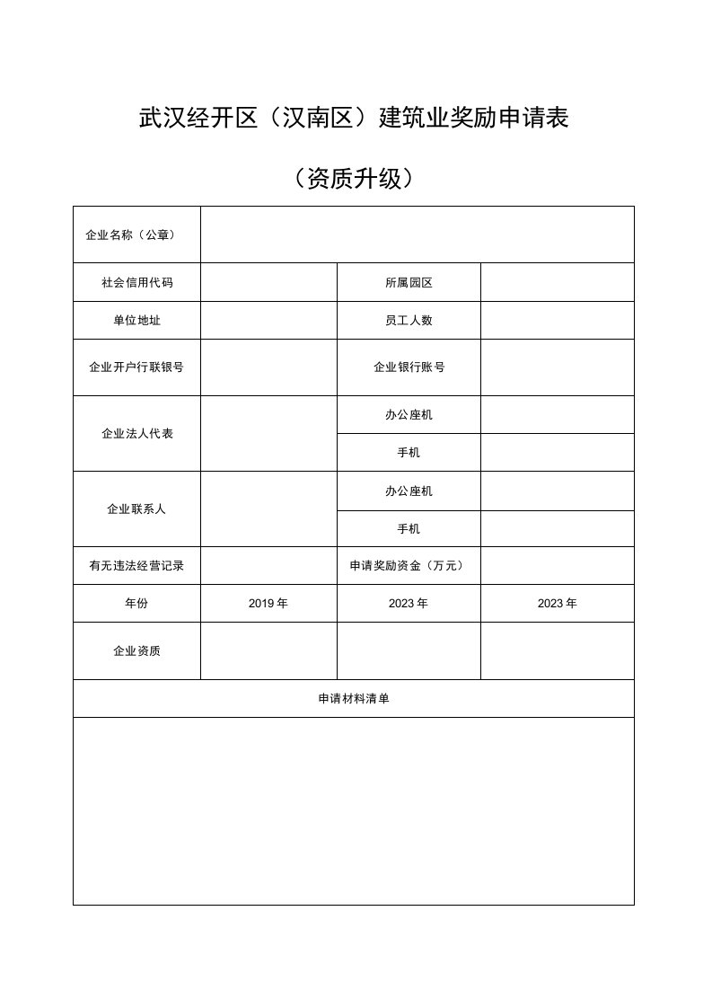 武汉经开区汉南区建筑业奖励申请表资质升级