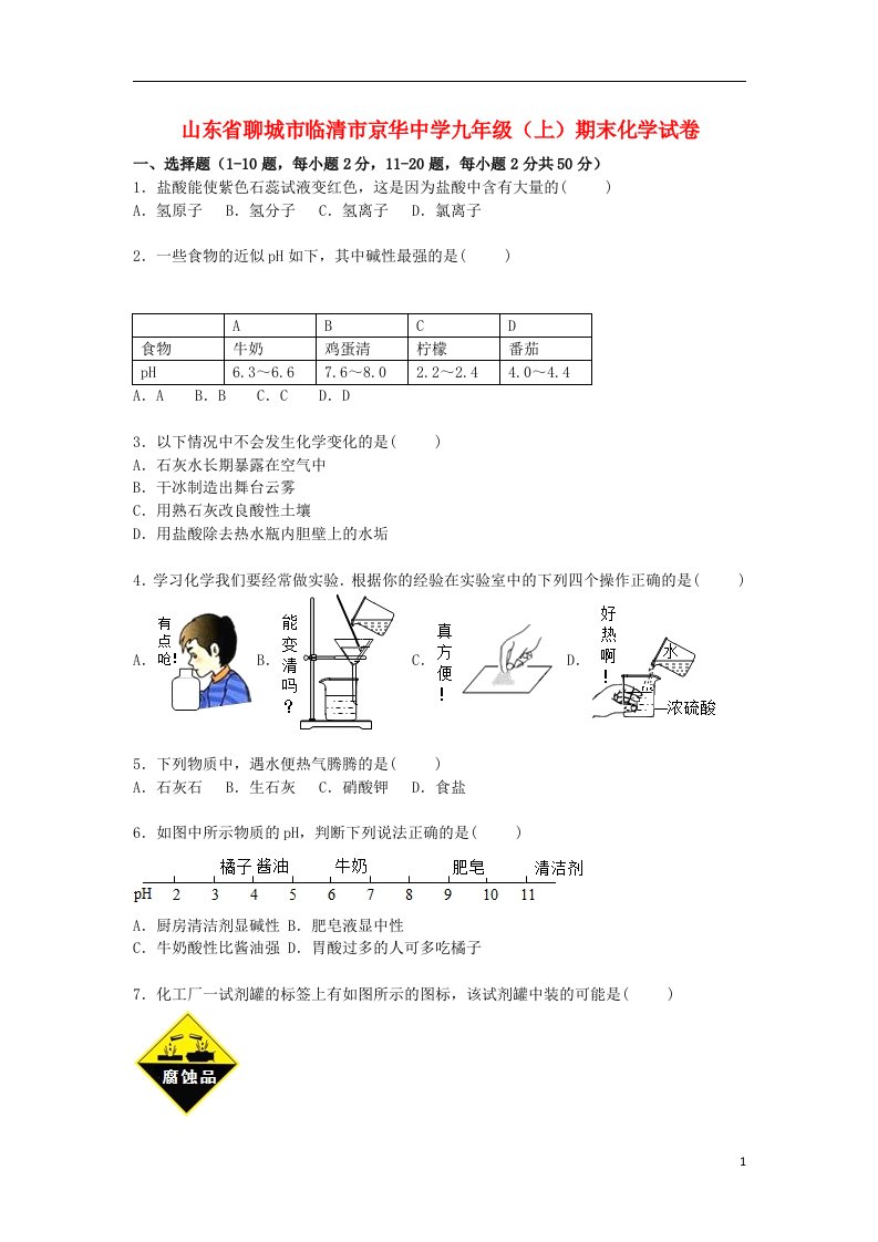 山东省聊城市临清市京华中学九级化学上学期期末试题（含解析）