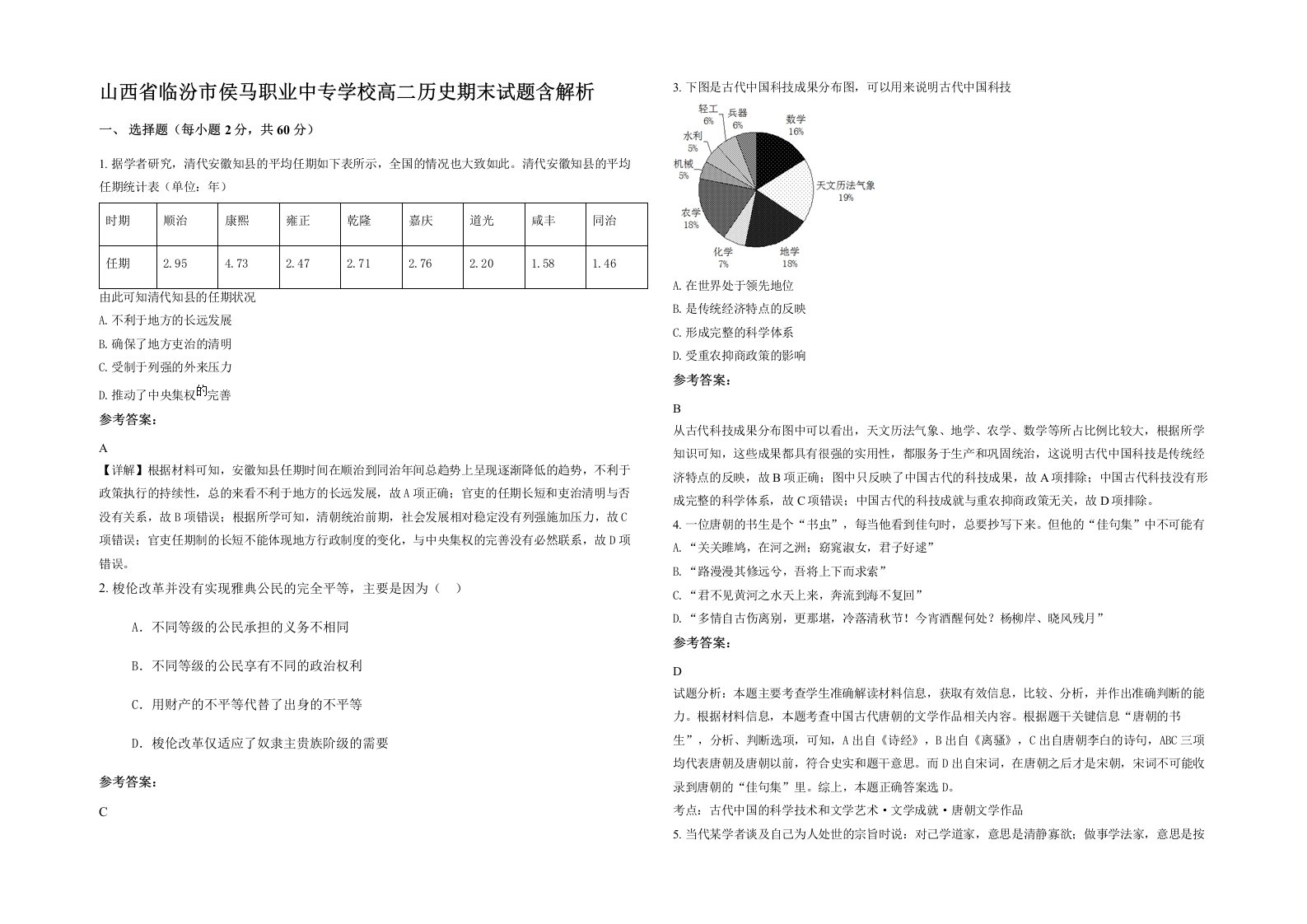 山西省临汾市侯马职业中专学校高二历史期末试题含解析