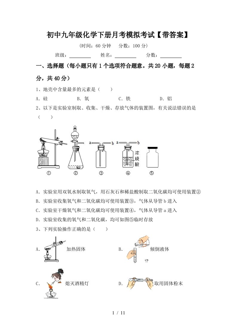 初中九年级化学下册月考模拟考试带答案