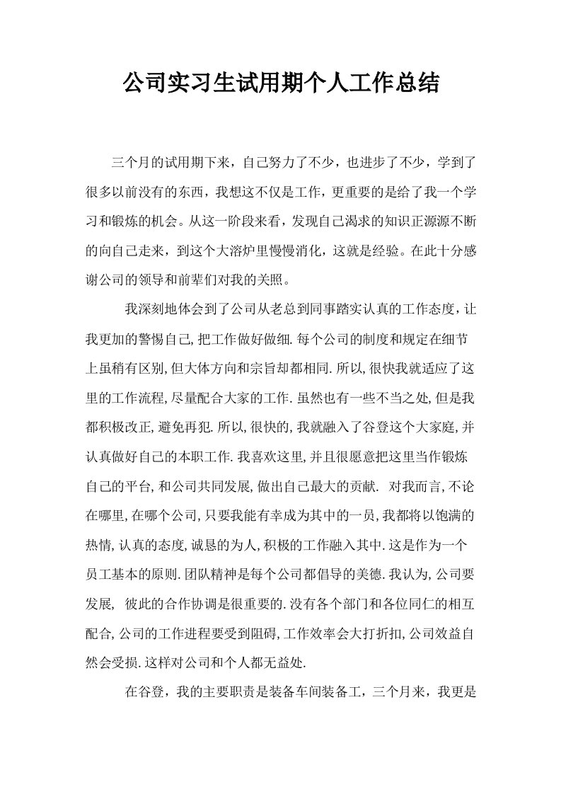 公司实习生试用期个人工作总结