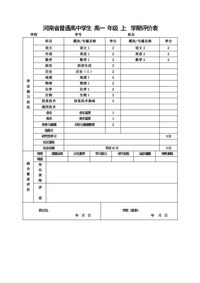 河南省普通高中学生评价表