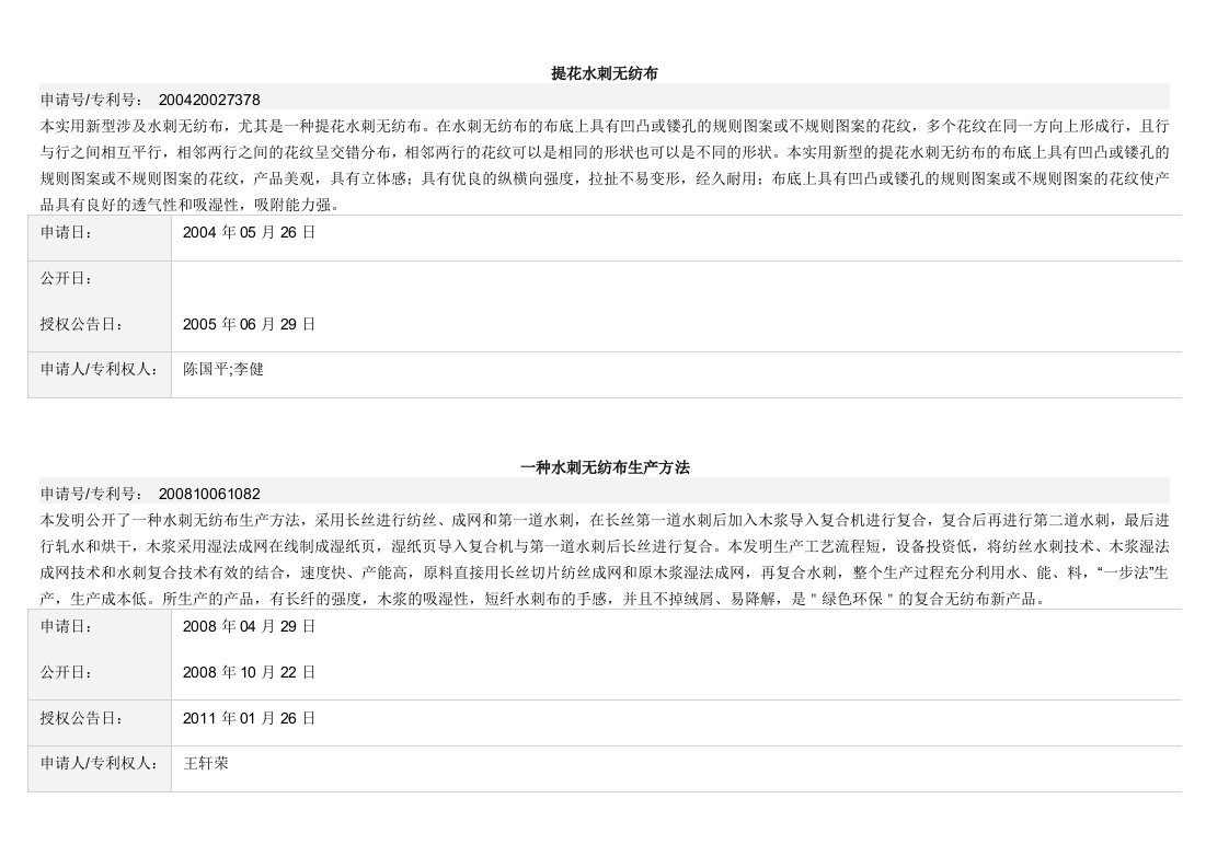 无纺布相关专利和解释