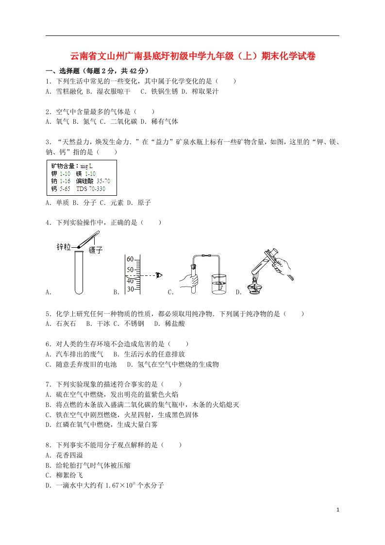 云南省文山州广南县底圩初级中学九级化学上学期期末试题（含解析）